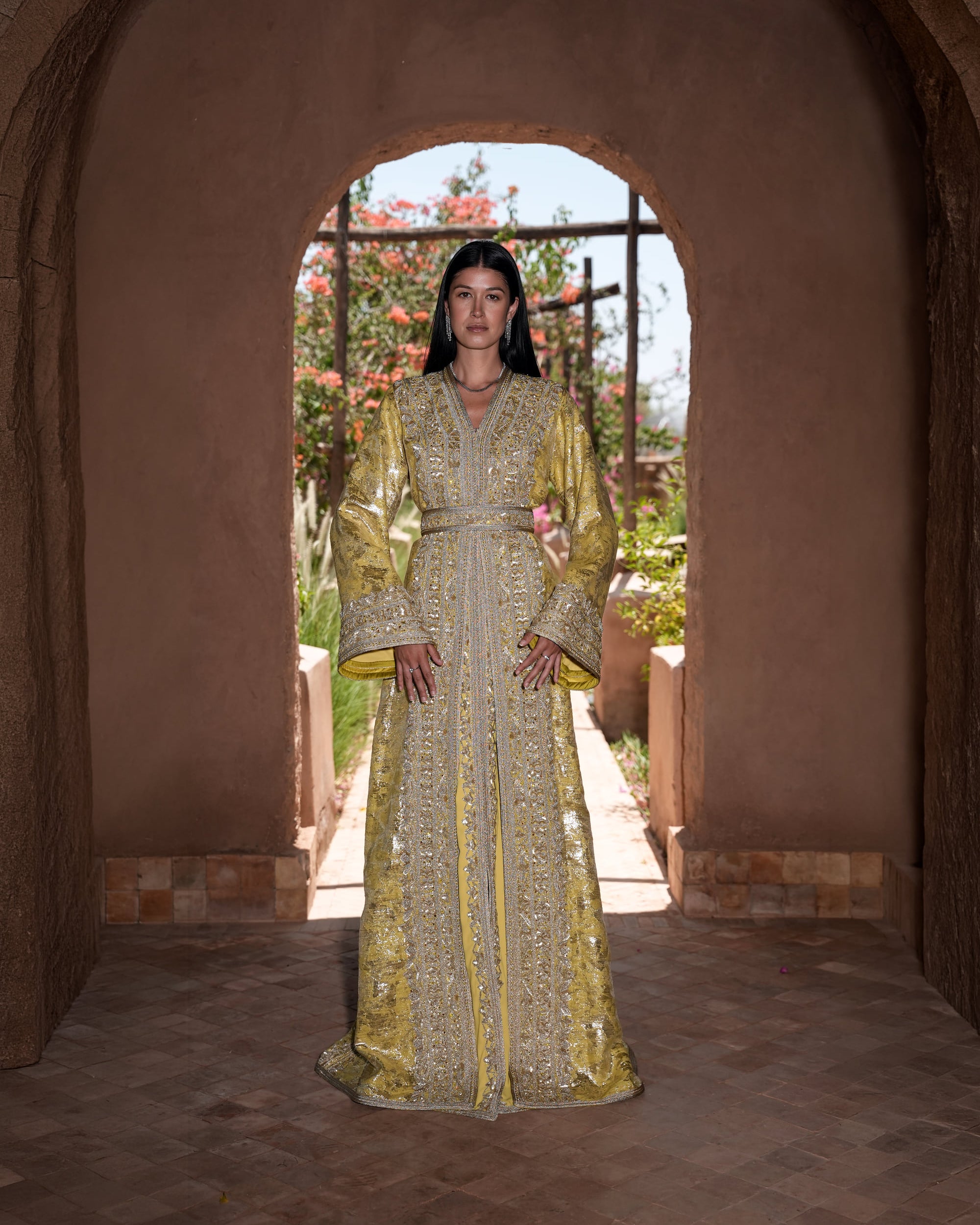 Citron Prelude anise yellow brocade lamé Moroccan kaftan with silver embroidery, full-length view