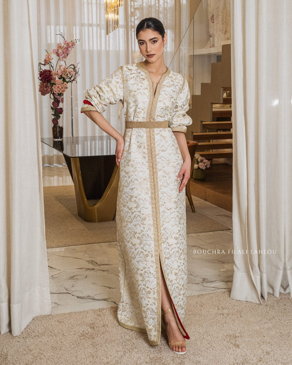 Ivory Dawn Moroccan one-piece kaftan with golden embroidery, elegant straight silhouette