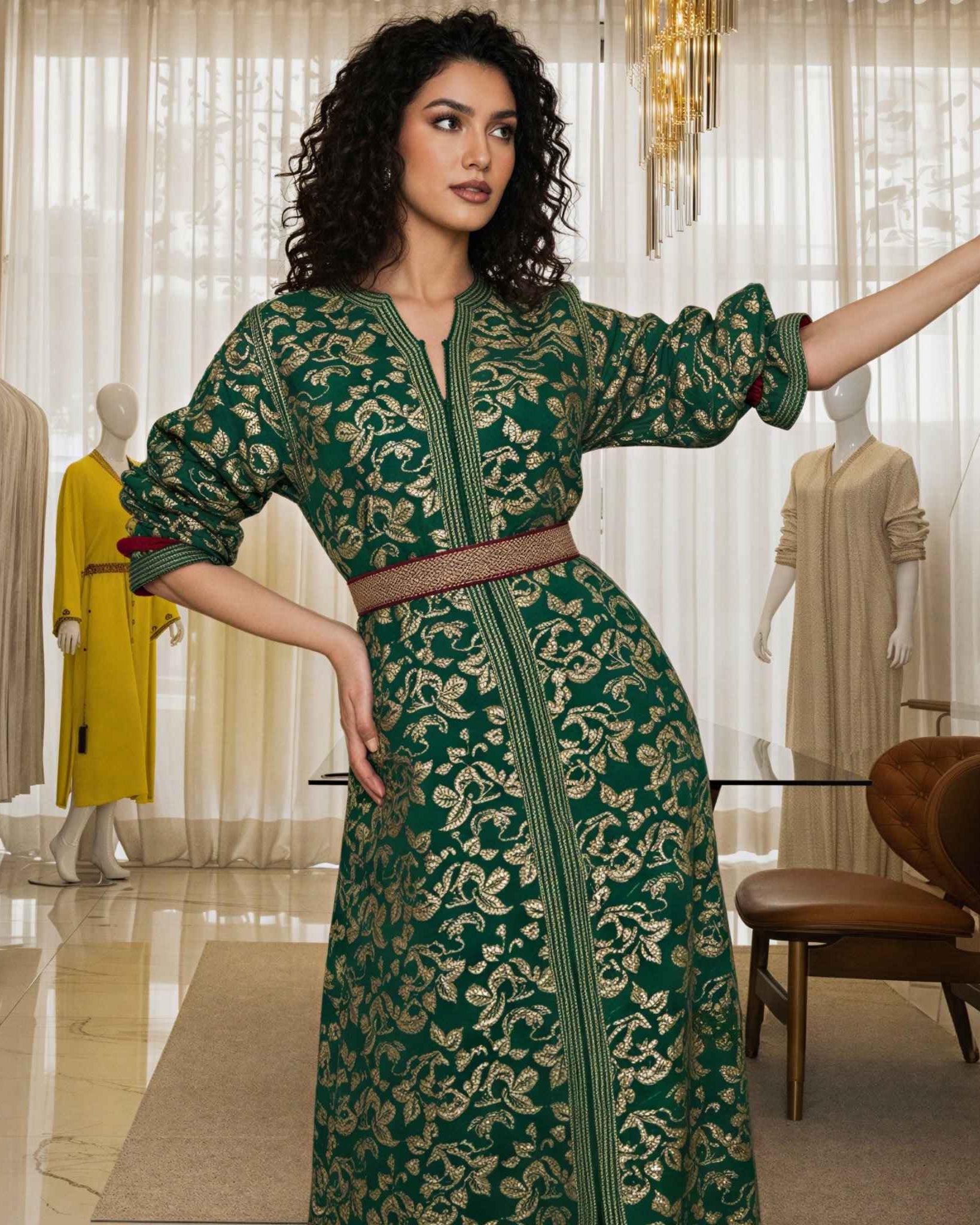Ivory Dawn kaftan design shown in deep green with gold embroidery, full-length view