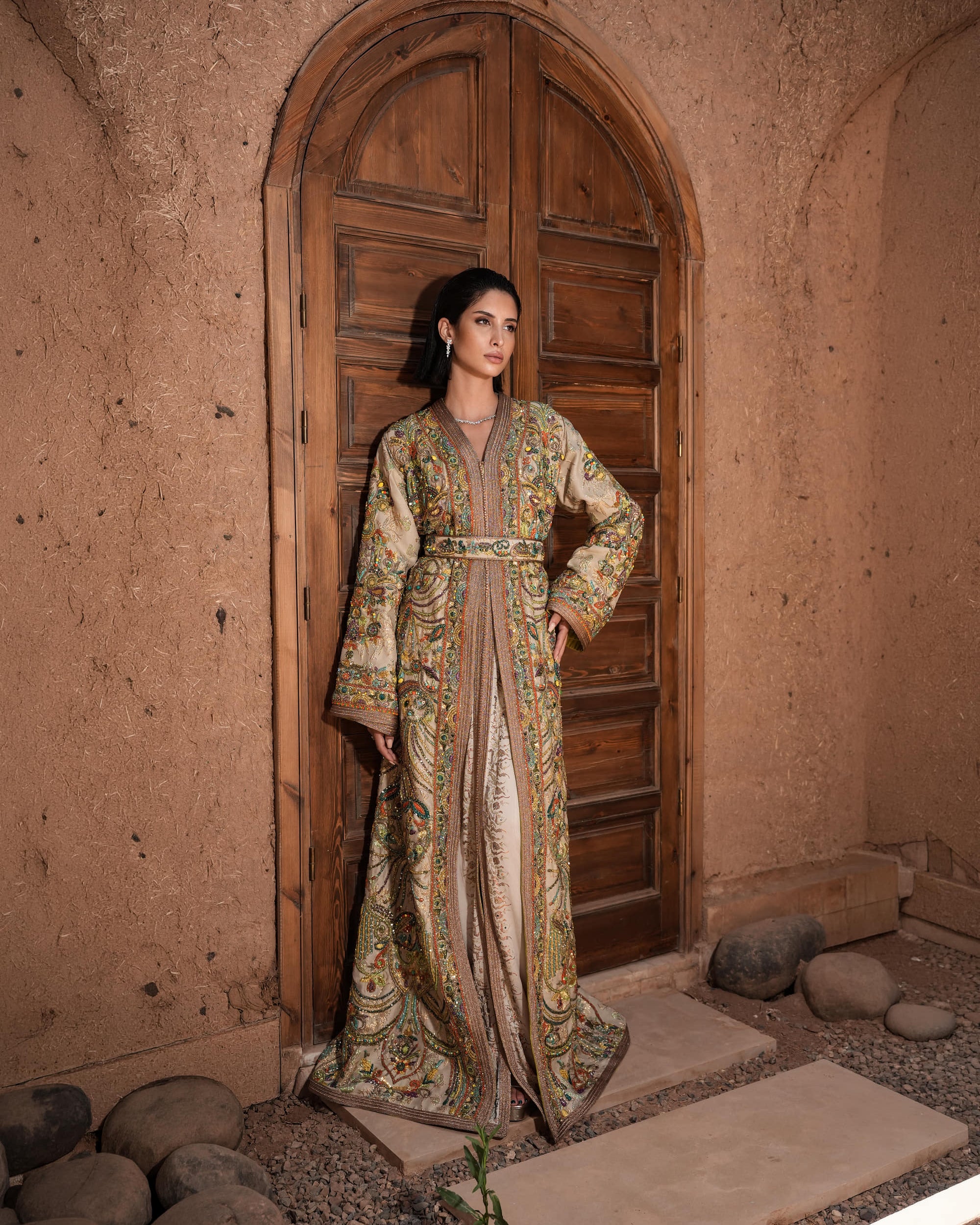 Mosaic Alcove beige silk Moroccan kaftan with polychrome beaded paisley embroidery in a Persian garden motif, full-length view