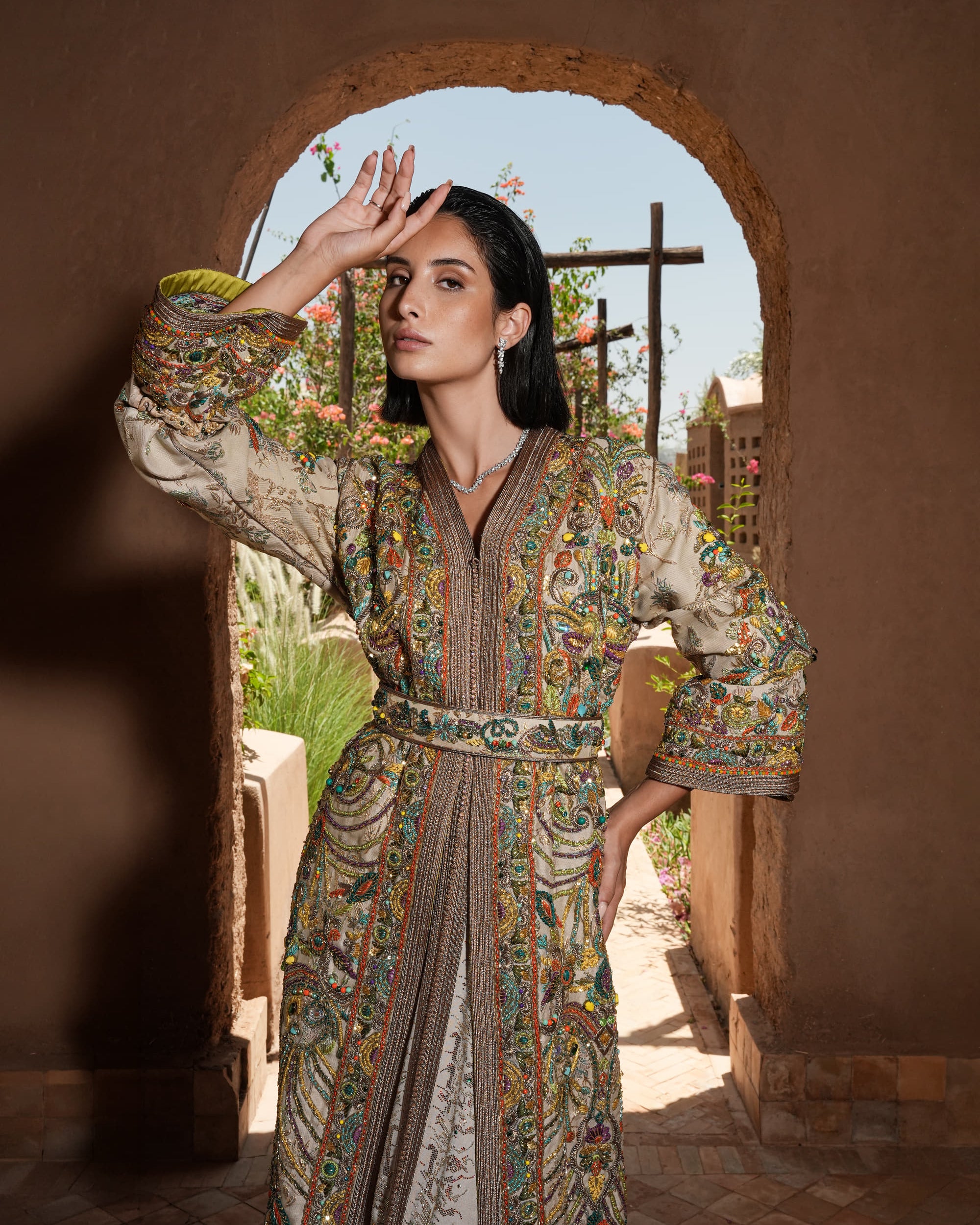 Mosaic Alcove beige silk Moroccan kaftan with polychrome beaded paisley embroidery in a Persian garden motif