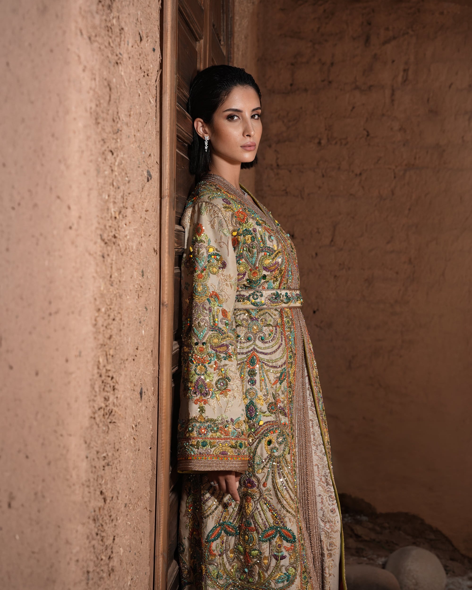 Mosaic Alcove beige silk Moroccan kaftan with polychrome beaded paisley embroidery in a Persian garden motif