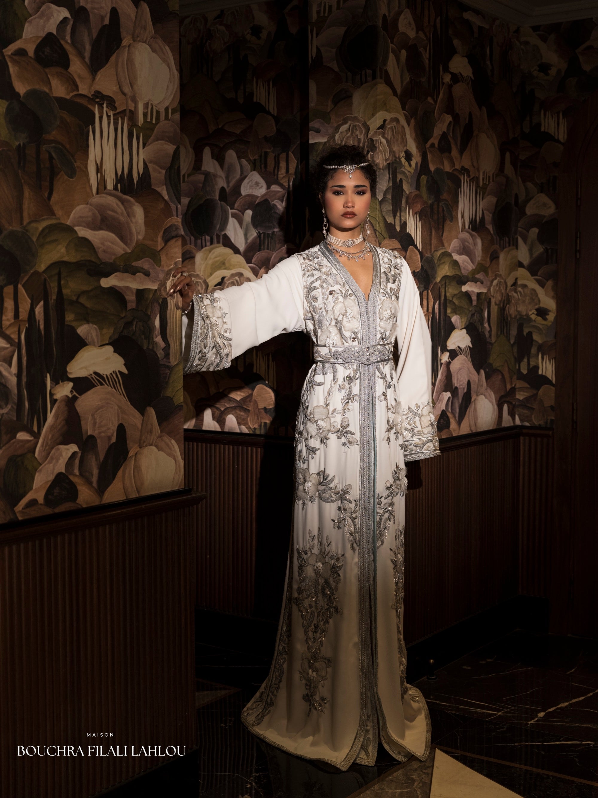 Opaline Bloom Moroccan kaftan in ivory with silver floral embroidery and pearl accents