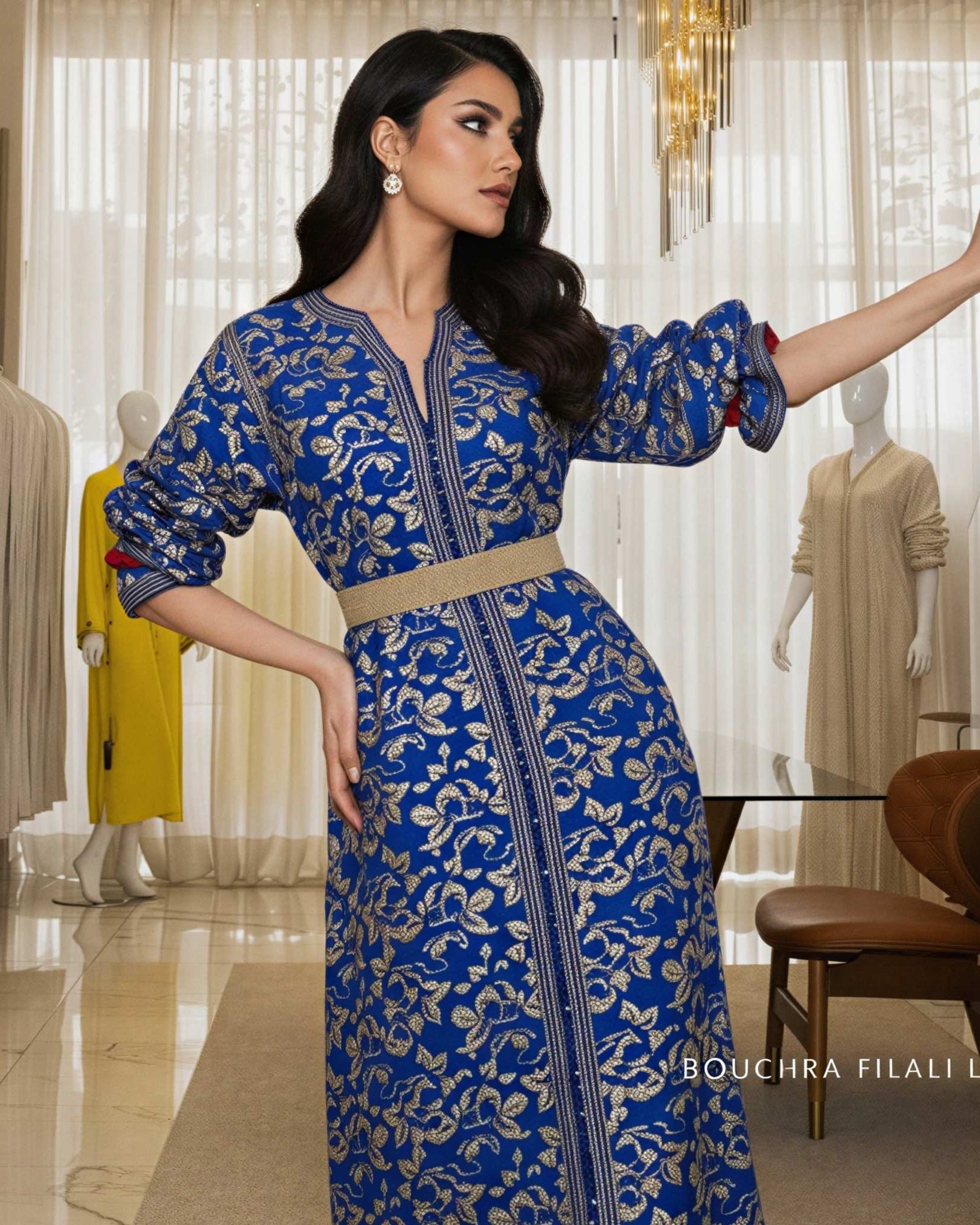 Royal blue Moroccan kaftan with gold embroidery, long sleeves and belt, front view