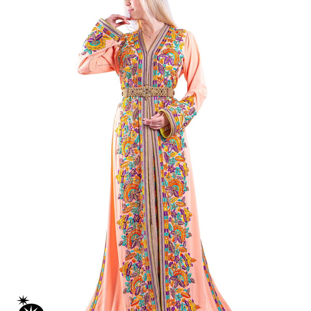 Caftan En Soie 100% Oscar De La Renta Neuf Avec étiquette - Couleur Blanc Rouge Bordeaux, Ceinture Fleurs, Tailles M L XL