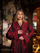 Crimson Nocturne red and black couture Moroccan kaftan with floral embroidery