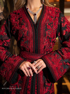 Crimson Nocturne Moroccan kaftan neckline with red floral embroidery detail