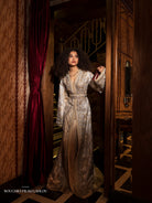 Or Solaire full-length gold Moroccan kaftan with embroidered wide sleeves