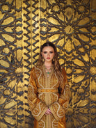 Amber Gate Moroccan kaftan with copper satin sheen and gold embroidery