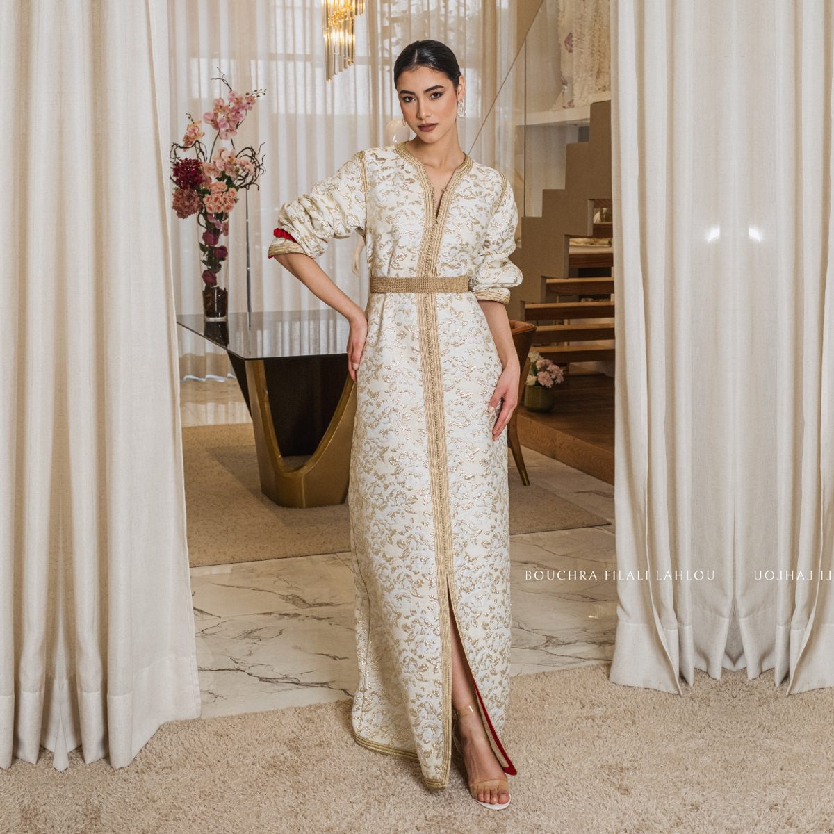 Ivory Dawn Moroccan one-piece kaftan with golden embroidery, elegant straight silhouette