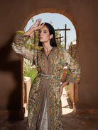 Mosaic Alcove beige silk Moroccan kaftan with polychrome beaded paisley embroidery in a Persian garden motif