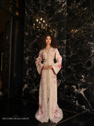 Full length floral kaftan silhouette with refined embroidery and bridal Moroccan elegance