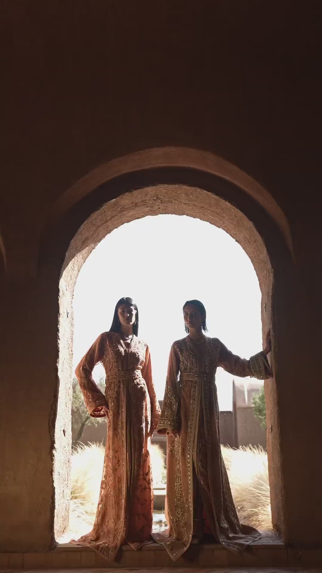Copper Solstice devoré copper velvet Moroccan kaftan with tone-on-tone embroidery, in motion